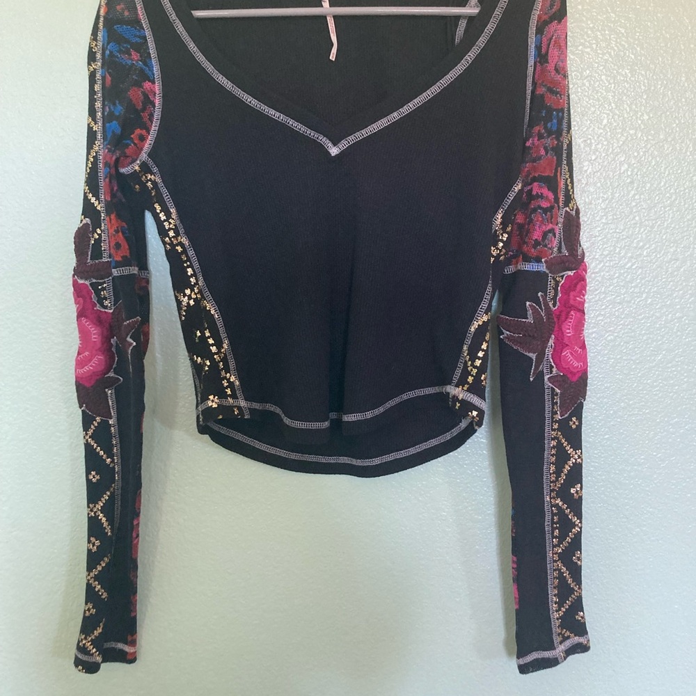 Floral Long Sleeve Black Top